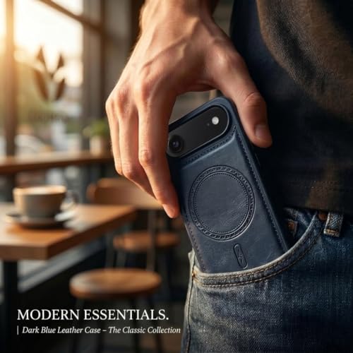 Image of amazon basics Premium PU Leather Case for iPhone 17 Air, MagSafe Compatible Magnetic Ring, Sleek Protective Back Cover - [Blue]