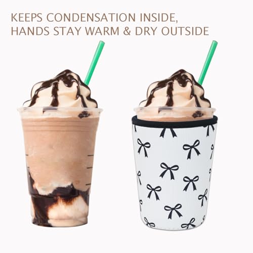 Image of Reusable Insulated Neoprene Iced Coffee Cup Sleeve, Durable Drink Sleeve for Cold Beverages, Beverage Holder for Iced Coffee, Black Bow