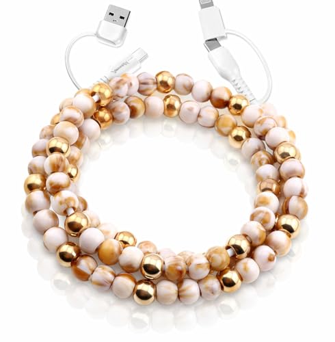 Image of Stylish Beaded Phone Charger Cable Colors USB Charging Cord for Smartphones (4-1, Marble & Gold, 6.6ft)