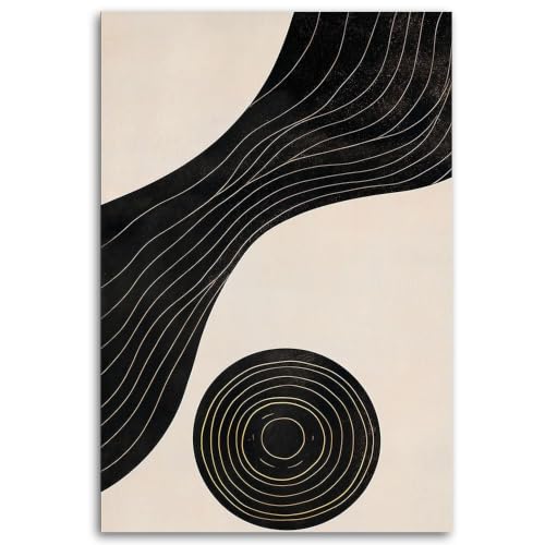 Cuadro abstracto negro y beige con líneas doradas, lienzo de 50x70 cm para decoración de salón