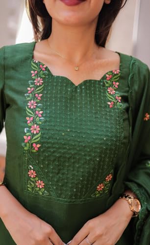 Image of Women Cotton Kurta Pant Set with Chanderi Cotton Dupatta | 3-Piece Straight Fit 3 /4 Sleeves Kurta with V-Neck | Ethnic, Festive & Casual Wear for Women| 3 Piece Set
