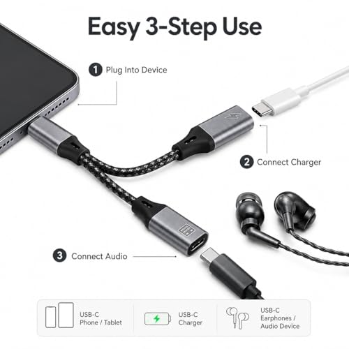 Image of 2-in-1 USB-C Splitter, Dual Type-C Female Port Adapter with Braided Cable and Aluminum Shell, Supports Simultaneous Charging and USB-C Earphone Use for Phone, Tablet, Laptop, Plug and Play