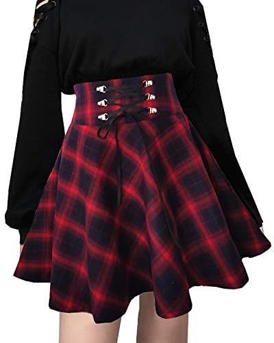 TONCHENGSD Women's Gothic Plaid Skirt High Waisted A-line Flare Mini Skirt - Image 3