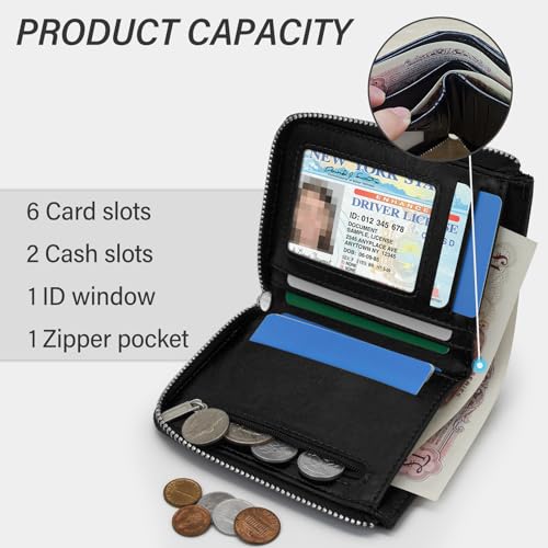 Mens Wallet, Minimalist PU Leather Wallet Bifold Card Holder Zipper Wallet with ID Window Zipper Coin Pocket (Black)4