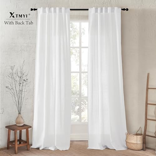 Image of XTMYI 86 Inch Long White Linen Curtains, Semi Sheer Light Filtering Drapes for Bedroom Living Room 2 Panels Set