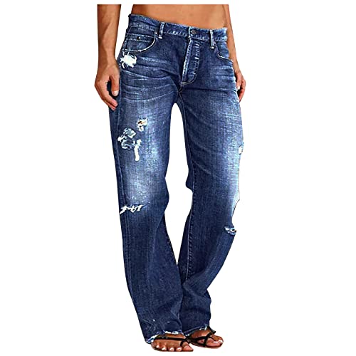 SMIDOW Pantalones apilados para mujer, jeans rasgados, jeans desgastados, pantalones cargo holgados, pantalones de pierna recta, #02 Azul, Large