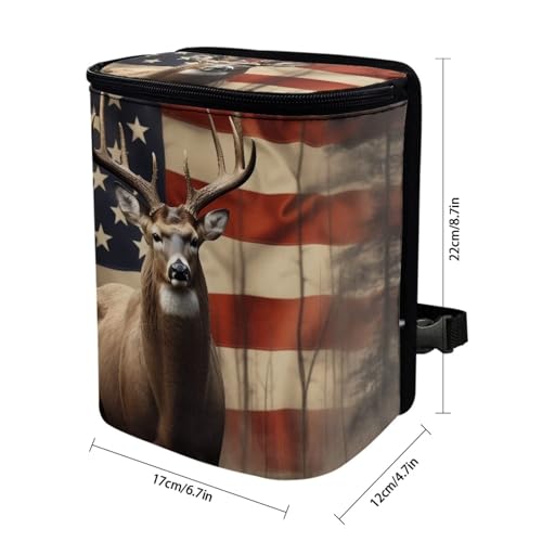 Image of Talayituse American Flag Deer Print Car Trash Can with Adjustable Straps, Foldable Car Trash Bag Bin Car Garbage Bag Multipurpose Storage Box for Vehicle Travel Camping Picnicing