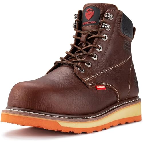 SUREWAY 6 in Mens Heavy Duty Soft/Steel Toe Work Boots for Men,Goodyear Welted,Full Grain Leather,Slip Resistant,EH Safety Industrial Construction Boot,Steel Toe Dark Brown,Size 9