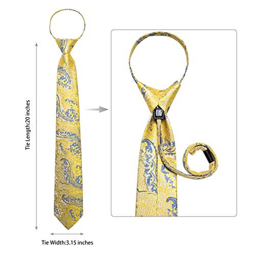 Image of DiBanGu Silk Zipper Ties for Men,Paisley Solid Plaid Pre-tied Tie and Pocket Square Cufflinks Set Formal Adjustable Necktie