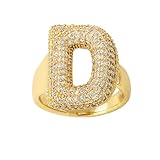 女性用バブルイニシャルリング バブルレターリング バルーンレターリング 調節可能 パフレター A-Z チャンキーゴールドリング 14Kゴールドフィルド CZ舗装アルファベットレターリング, 真鍮, 宝石なし