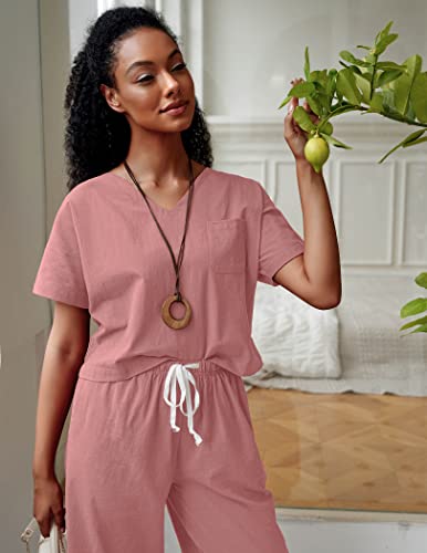 Ekouaer Women's Pajamas Set Outfits Tracksuit Short Sleeve Blouses Top Wide Leg Pants Cotton Linen Lounge Sets Red #TOP3