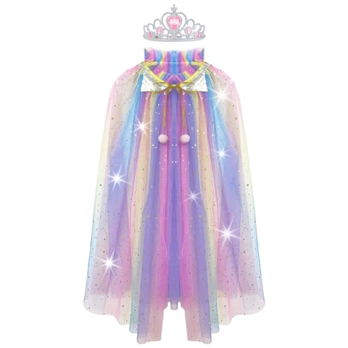 WOXVM Princess Cape for Girls Princess Cloak with Crown Sequins Tulle Princess Dress Up for Christmas Birthday Party