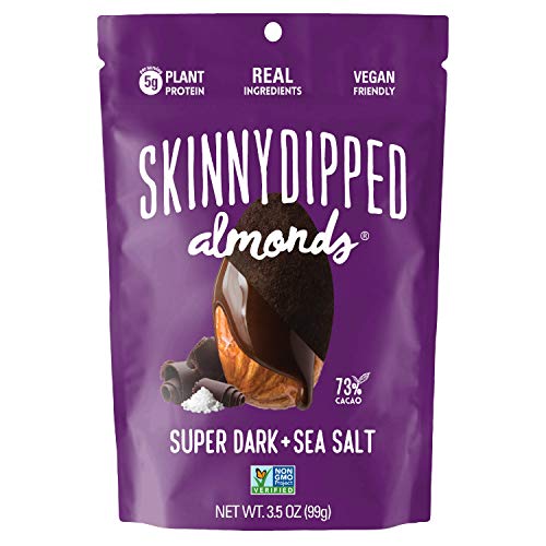 SKINNYDIPPED SuperDark + Sea Salt Chocolate Covered Almonds, 3.5 Ounce Resealable Bag, 5 Count