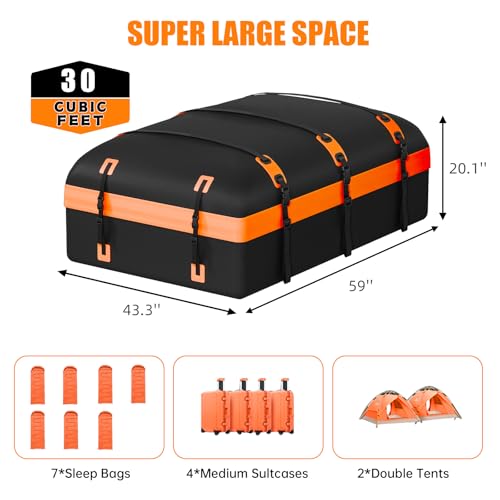 Image of Car Rooftop Cargo Carrier Bag, 30 Cubic Feet Waterproof Soft-Shell Car Roof Bag for All Vehicle with /Without Rack, Include Anti-Slip Mat, Reinforced Straps, Door Hooks Luggage Lock (Orange)