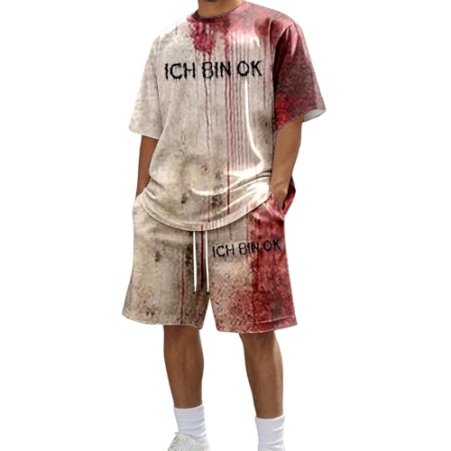 Generisch Conjunto de traje deportivo para hombre, traje de correr, camiseta de manga corta y pantalones cortos con estampado de salpicaduras de sangre, juego de salón holgado, traje de horror, traje