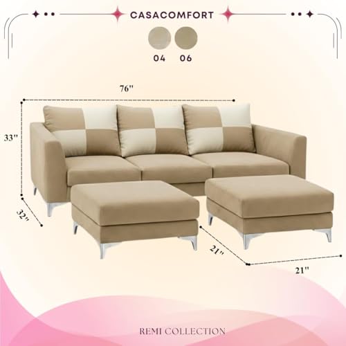 Image of Romeo 5 Seater L Shape Sofa Set with 2 Movable Ottomans | Flexible Layout | Rich Velvet Suede Fabric | Silver Legs | Modern Sofa for Living Room (Beige)