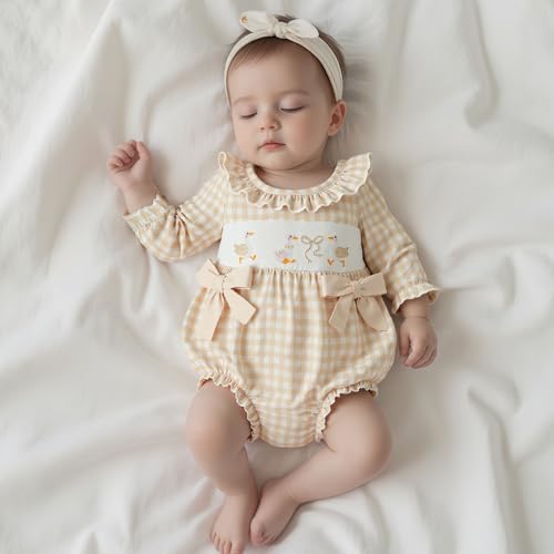 Infant Baby Girl Outfit Goose Embroidery Plaid Long Sleeve Smocked Bubble Romper Bodysuit Newborn Farm Clothes Fall2