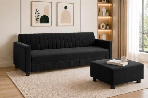 Image of Modern 3-Seater Velvet Sofa with Ottoman | Vertical Channel Tufted Backrest | Plush Cushioned Seating | Stylish Contemporary Sofa for Living Room, Bedroom & Office | Black