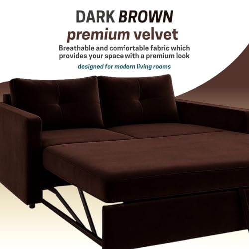 Image of FURNY Soria 2 Seater Pull-Out Premium Fabric Velvet Sofa Cum Bed Sofa Set for Living Room (Dark Brown) Premium Finish | Ideal for Living Rooms, Bedrooms