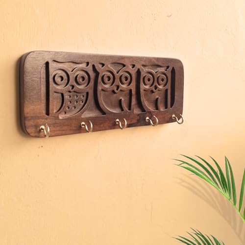Image of Stylish Wooden Key Holder for Wall | Cute Key Holder for Home Decor | Key Holder Stand with 5 Hooks | Wall Mounted Key Hanger (Owl)