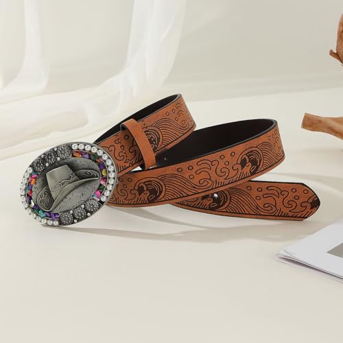 Vintage Western Belts for Women Men Engraved Buckle Belts Cowboy Cowgirl Belt for Jeans Pants Rodeo, Bohemian3