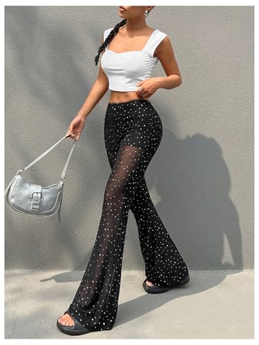 OYOANGLE Women's Sparkly Mesh Sheer Flared Pants4