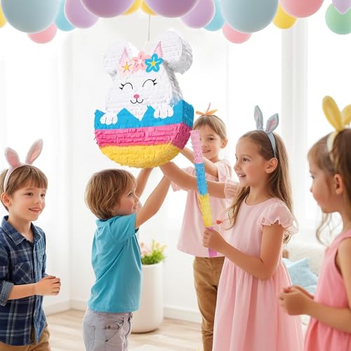 WERNNSAI Pinata Oster – Osterpiele Kinder Osterhasen Pinata mit Stock Augenblinde Gefüllt Piñata Schlag Komplettes Set Geburtstag Partyspiele Osterspiele Schlagen Frühlingsfestdeko Babyparty Zubehör