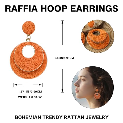Image of Raffia Hoop Earrings for Women - Boho Straw Wiker Dangle Drop Earrings for Summer Beach, Bohemian Trendy Rattan Jewelry
