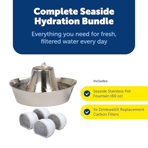 Image of Seaside Stainless Cat & Dog Fountain with 4-Pack of Carbon Filters | 60 Oz Capacity with Extra Carbon Filters, Triple-Filter Operation, 360-Degree Flow, Rust-Resistant Stainless Steel