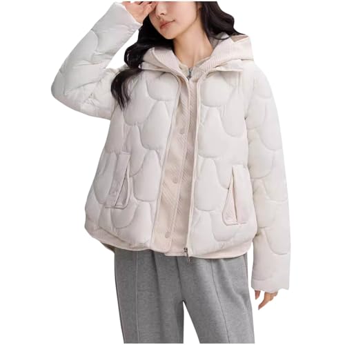 Chaqueta de plumón para mujer, resistente al viento, con cremallera, acolchada, con bolsillos, abrigo acolchado cálido para mujer, abrigos con capucha y botones, abrigos de invierno, beige, L
