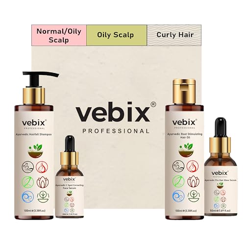 VebixProfessional Customised Regimen -4 Ayurvedic Product Kit - HairFallControl- AntiHairFall Neem Oil +Lotus AntiHairfall Shampoo + Hair Growth Serum & Face Glow Serum (280ml) (Oily Hair)