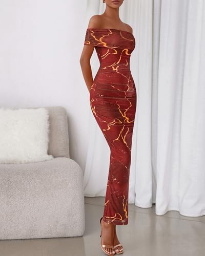 Image of BTFBM Cocktail Dresses for Women 2026 Elegant Classy Off Shoulder Bodycon Mesh Slit Floral Maxi Spring Summer Dress