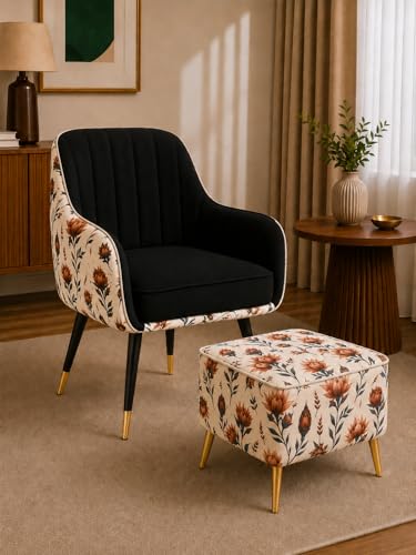 Image of Designer Accent Chair with Floral Printed Back & Footstool | Velvet Lounge Chair for Living Room, Makeup Vanity & Bedroom. (Black Floral Set)