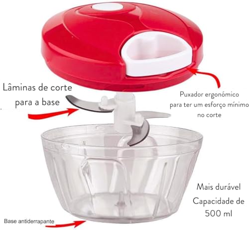 Mini Processador Triturador Manual Picador Fatiador de Alimentos com 3 lâminas 500ml (Cores Sortidas