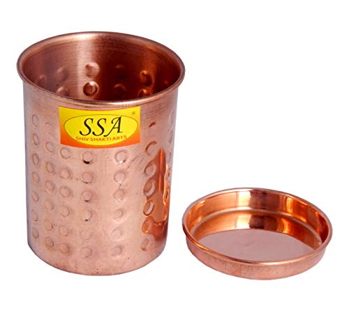 SHIV SHAKTI ARTS® Pure Copper Glass Tumbler Cup, Hammered Design for Drinking Serving Water - with Lid, (1 Pc = Vol - 300 ML)