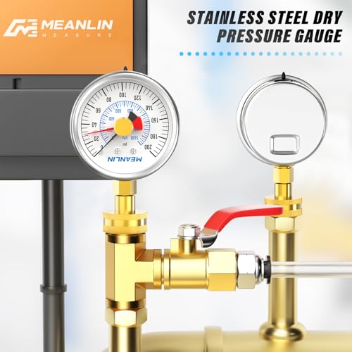 Image of MEANLIN MEASURE Stainless Steel 0~200Psi 3 /4 inch Female Water Pressure Test Gauge, 2.5 inch FACE DIAL with Red Indicator Hands, Dry Hydraulic Tester Suitable for Gardens, Water Pipes
