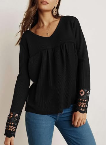 Dokotoo Women's Tops Casual V Neck Long Sleeve Waffle Knit Textured Lace Hollow Out Shirts Loose Tunic Tops Blouses4