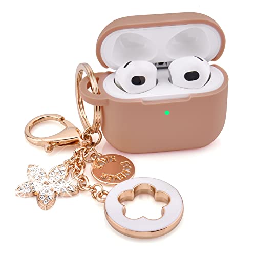 Case for Airpods 3 - VISOOM Airpods 3rd Generation Cases Cover Women 2024 Silicone for iPod 3 Earbuds Wireless Charging Case with Accessorie Girl Bling Keychain for Apple Airpod Gen 3(Milk Tea)
