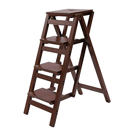 3 Step Ladder Folding Step Stool, Anti-Slip & Lightweight 3-Step Folding Portable Wooden Coffee Step Stool Counter Chair Multifunction Pine Wood Foldable Ladder for Home, Library, Capacity: 220lbs