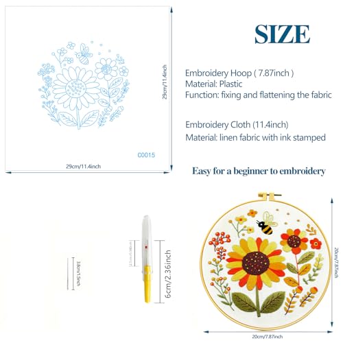 Image of Zhenqing Bees & Flowers Embroidery Kit 11.4x11.4cm - 4-Piece Complete Cross Stitch Set with Pre-Printed Fabric, Threads, Hoop, Needles & Instructions | DIY Craft for Adults, Beginners-Friendly (C0046)