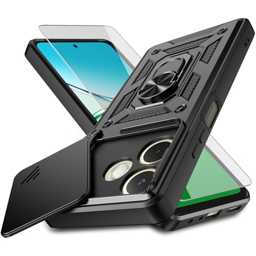 Funda para OPPO A5 Pro 4G/5G, Carcasa Armor Cubierta de cámara Deslizante Proteger con 1× Cristal Templado, Cover con 360 Grados Magnetic Anillo Hard PC y Silicona Bumper antigolpes Case,Negro