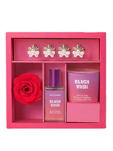Image of Hair Drama Co. Hair & Body Mist Fragrance Gift Sets for Women | Perfume Gift Set of Blush Rush Hair & Body Mist, Soy Wax Candle, Red Rose Pin & 4 Pearl Claw Clip Set