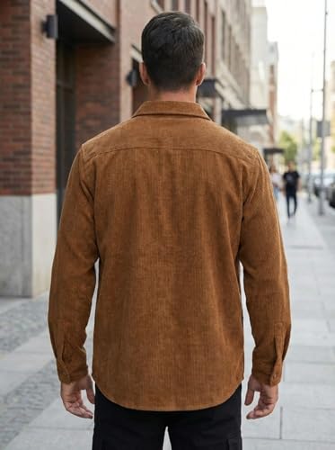 Image of IndoPrimo Men's Corduroy Shirt | Premium Ribbed Full Sleeve Casual Overshirt | Button-Down Solid Shirt with Chest Pocket | Regular Fit