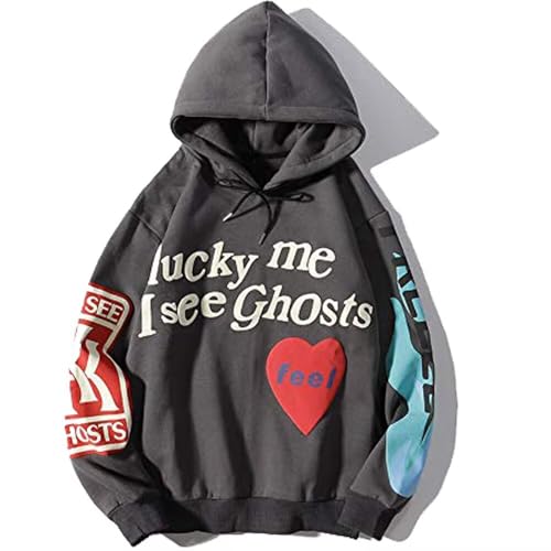 Unisex Trendy Mens Lucky Me Generic Ghosts Sweatshirts Hip Hop Mens Pullover Hoodie Fashion Sweatshirt Grey