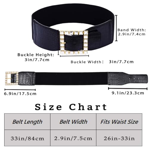 Women Elastic Wide Waist Belt Rhinestone Square Buckle Belt for Dresses Stretchy Wide Belt4