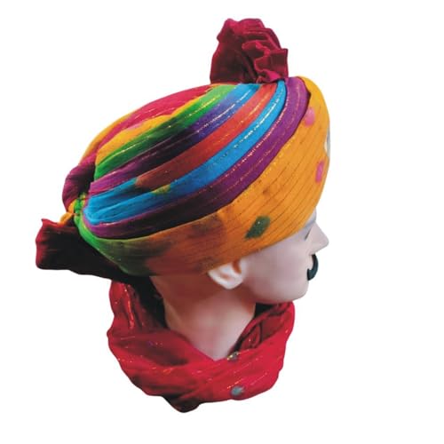 Image of DEHATIBAZAR | Traditional Turban with Tail | Safa with Bow | Red Base with Navy, Green, Orange Stripes | Rajasthani Safa | Provided with rubber ball support and packed in a corrugated box
