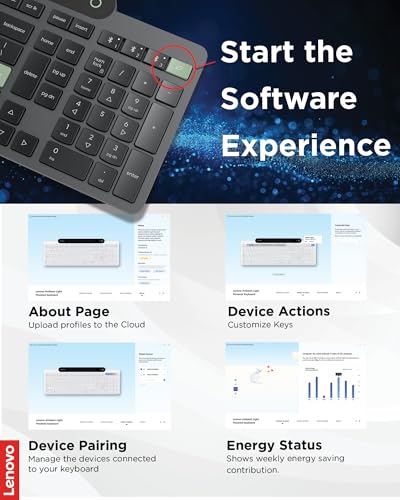 Image of Lenovo 800 Self-Charging Bluetooth Keyboard, Uses Ambient Light for Charging, Bluetooth 5.1, Supports 3 Devices, Battery Free, Wireless, Grey