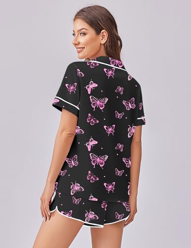 Image of Ekouaer Womens Silk Satin Pajama Set Print Short Sleeve Sleepwear Button Down Pjs Shorts Set Loungewear