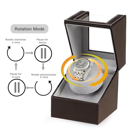Image of Automatic Single Watch Winder with Quiet Japanese Motor,AC Adapter or Battery Powered,Premium Leather Exterior and Soft Flexible Watch Pillows for Men's and Women's Watches