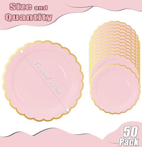 Image of HEIPINIUYE 50 Pieces Light Pink Paper Plates with Gold Foil 7 Inch Disposable Pink Scalloped Dinner Plates for Wedding Baby Shower Birthday Party Dessert Plate